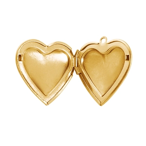 Polished gold heart locket pendant with open compartments on a clean white background
