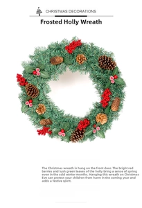 Close-up of frosted Christmas wreath with red berries, pine cones and snow-dusted needles