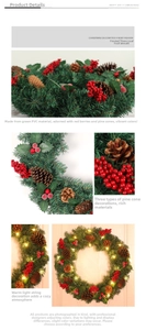 Detail of Christmas wreath with red berries, pine cones and warm LED lights on PVC base