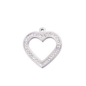 Polished stainless steel hollow heart pendant with sparkling clear crystals on white background