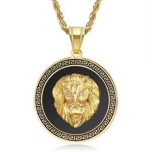Hip Hop Lion Head Pendant Necklace Stainless Steel Gold Plated Round Greek Key Pattern Enamel Punk Jewelry For Men
