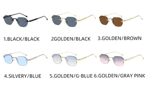 Detailed grid of rimless octagonal sunglasses in six diverse metal frame colors