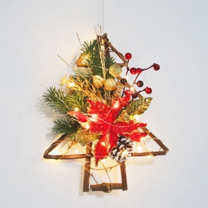 Wooden Christmas Tree Hanging Ornament With Pine Cones Berries Poinsettia Faux Pine Needles LED Lights Home Wall Decor