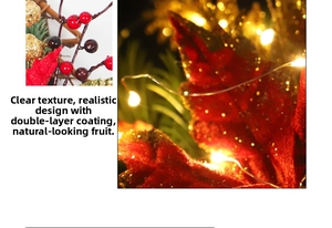 Detail of Christmas wreath with red berries, golden baubles, and warm LED light decoration
