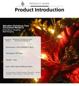 Detail of wooden Christmas tree wreath with LED lights, red flowers and pine cones
