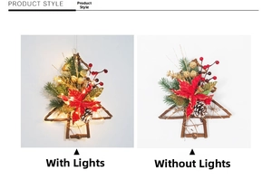 Detail of wooden branch Christmas tree hangers with pine cones and red flowers, with LED lights
