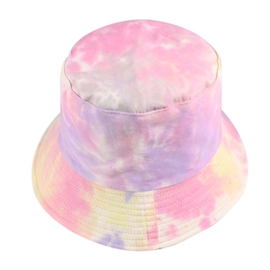Close-up of pink and purple gradient tie-dye bucket hat showing cotton twill texture