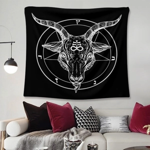 Bohemian black wall tapestry featuring white Baphomet goat head and pentagram design
