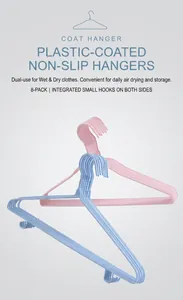 Close-up of non-slip dipping metal hangers in pink and blue with utility side hooks