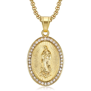 Hiphop 316L Stainless Steel Virgin Mary Pendant Necklace Gold Plated Rhinestone Religious Our Lady Of Guadalupe Oval Pendant Only Without Chain