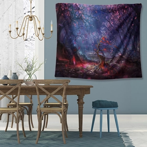 Detail of enchanted forest tapestry on a modern dining room wall with warm lighting