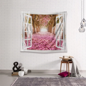 Detail of 3D cherry blossom tapestry with window frame effect on a white brick wall