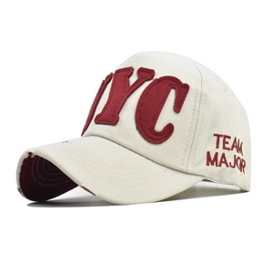 Vintage distressed cotton baseball cap in beige with red 3D NYC embroidery and torn brim