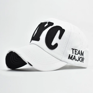 Close-up of distressed white cotton NYC baseball cap with side Team Major embroidery