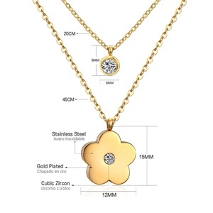 Detailed view of gold plated stainless steel double layer necklace with cubic zirconia