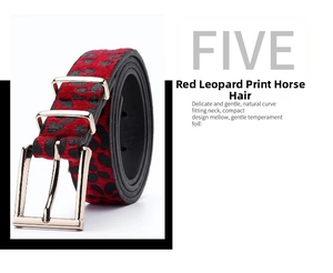 Detail view of red leopard pony hair belt with gold buckle for women fashion style