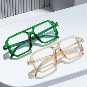 Fashionable oversized square glasses with double bridge in transparent green and champagne