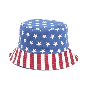 Reversible American flag bucket hat with blue stars and red white stripes pattern