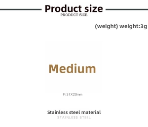 Macro detail of geometric square steel charms with size specs and 3g weight info