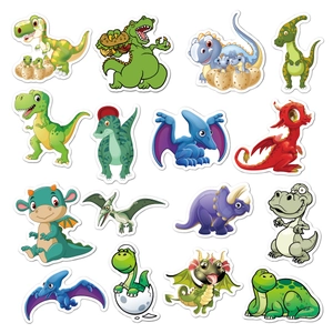 Detailed sheet of 16 colorful cartoon dinosaur stickers for luggage and laptop decoration