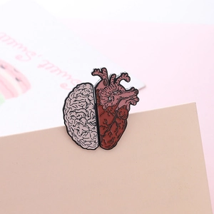 Unique brain and heart anatomical enamel brooch pin with pink and red artistic design