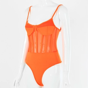 Detail view of orange mesh bodysuit with corset style boning and sheer paneling