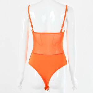 Detail view of orange bodysuit featuring adjustable back straps and sheer mesh paneling