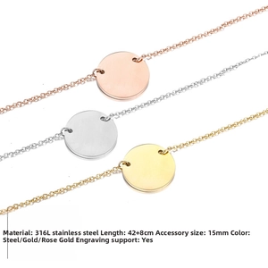 Detailed view of 316L stainless steel circle pendants in silver, gold, and rose gold