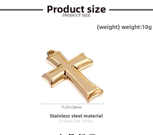 Detailed view of golden stainless steel cross pendant with 25x38mm dimensions and 10g weight