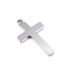 Polished silver stainless steel cross pendant with a minimalist design on white background