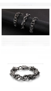 Close-up of vintage stainless steel punk bracelets with intricate textures and sizing data