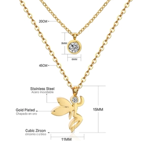 Detailed size specifications for gold double-layer fairy and zircon pendant necklace