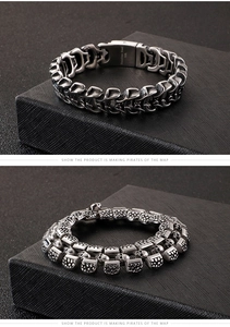 Detail of 316L stainless steel punk skull links and industrial chain bracelet for men