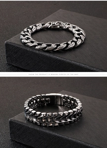 Detailed macro of 316L stainless steel punk skull bracelet with dragon scale texture