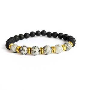 Tiger eye and lava stone bead bracelet with white marble stone and gold accents
