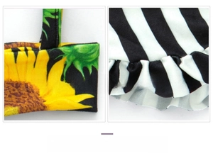 Macro shot of high-density stitching on sunflower trim and striped ruffled doll clothes