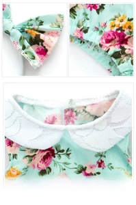 Close-up of floral baby doll dress with white lace collar and tie-dye bow accessory
