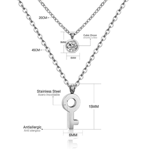 Double-layered stainless steel necklace detail with dimensions and cubic zirconia charms