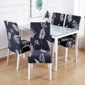 Elastic stretch chair covers with white leaf pattern on dark grey for dining room chairs