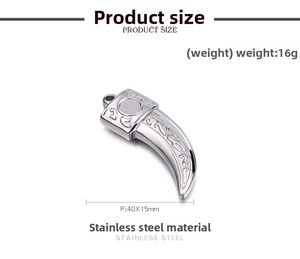 Detailed view of 40x15mm stainless steel wolf tooth pendant with retro floral carvings