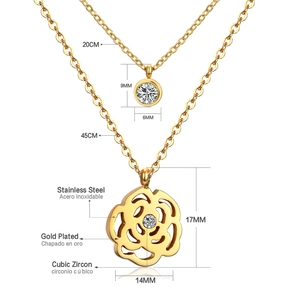 Double-layer necklace dimensions showing 20/45cm chains and rose flower pendant sizes