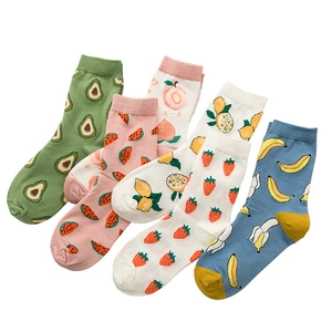 Set of 6 colorful cotton crew socks featuring cute cartoon fruit patterns for women