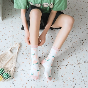 Women's cotton crew socks with pink peach pattern and stylish color-block design