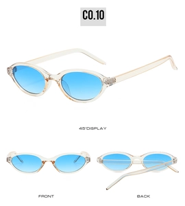Trois vues de lunettes de soleil ovales champagne avec verres bleus dégradés