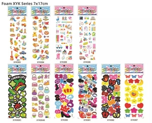 Detailed sheet of 3D foam stickers for kids featuring colorful vehicle and music themes