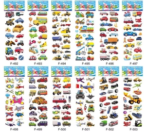 Detailed catalog view showing cartoon vehicle stickers in numbered grid from F-492 to F-503