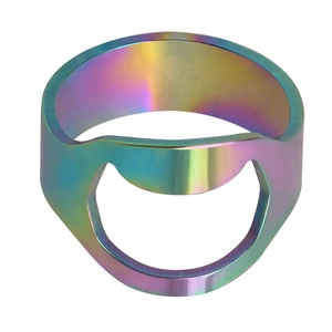 Close-up of a rainbow stainless steel bottle opener ring with a polished metallic finish