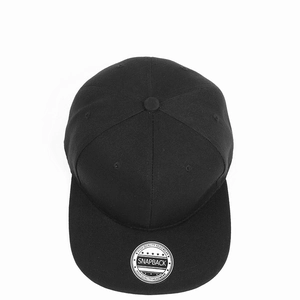 Vertical top view of black snapback hat showing twill cotton texture and high quality sticker