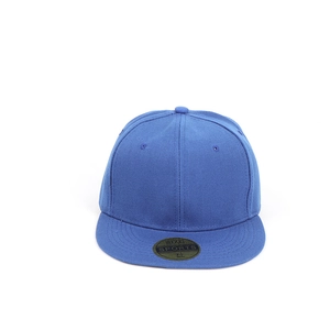 Detail of royal blue flat brim baseball cap with gold size sticker and stitched eyelets