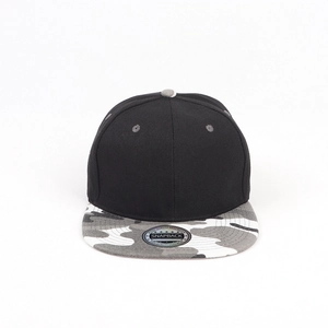 Detail of black snapback hat with grey camouflage flat brim and top ventilation eyelets